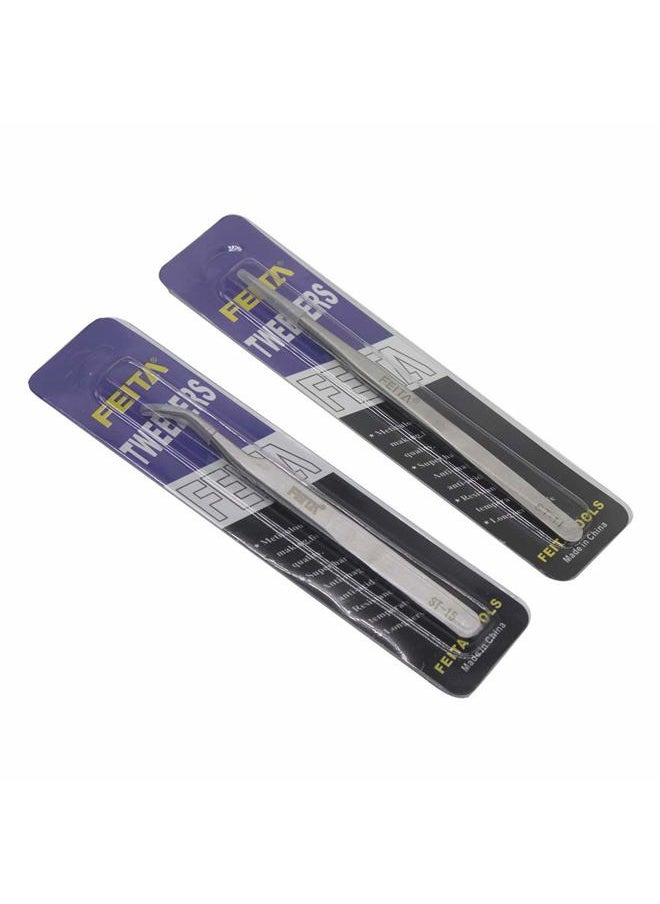Best Eyelash Extension Tweezer Set - FEITA Pro Straight & Curved Pointy Precision Fine Tip Tweezers for Lash Extensions - Silver - 2Pcs