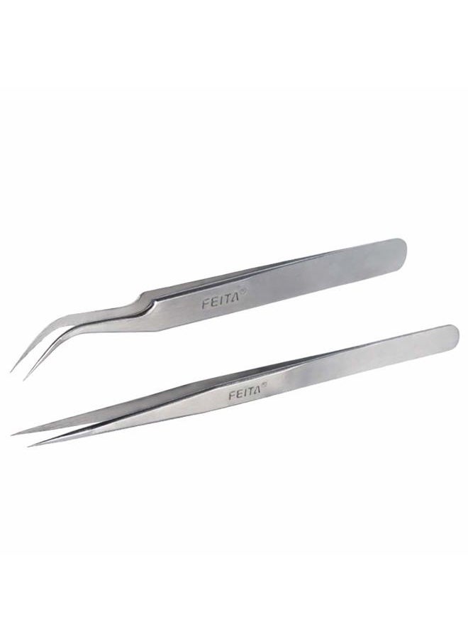 Best Eyelash Extension Tweezer Set - FEITA Pro Straight & Curved Pointy Precision Fine Tip Tweezers for Lash Extensions - Silver - 2Pcs