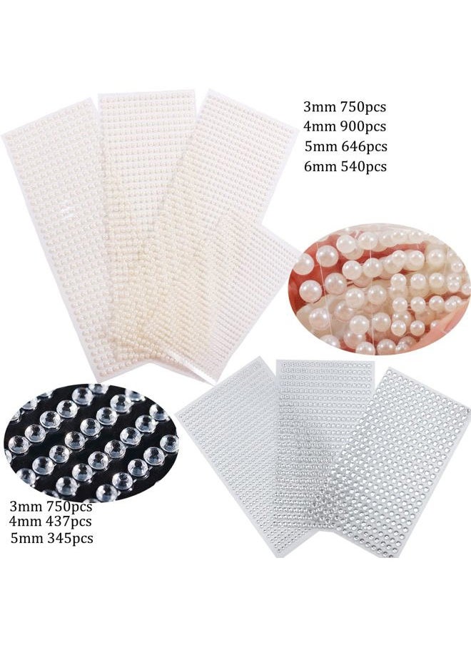 4368 PCS Self Adhesive White Pearl Face Temporary Tattoo Clear Rhinestones, Flat Back Bling Gems Jewels Stickers for Makeup Face Eye Hair, Pear&Transparent Rhinestones