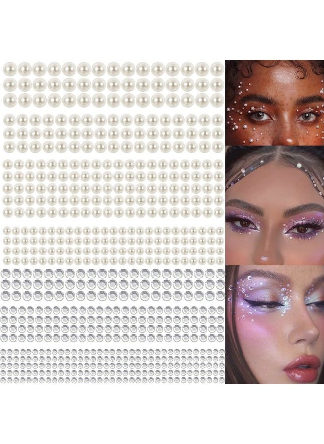 4368 PCS Self Adhesive White Pearl Face Temporary Tattoo Clear Rhinestones, Flat Back Bling Gems Jewels Stickers for Makeup Face Eye Hair, Pear&Transparent Rhinestones