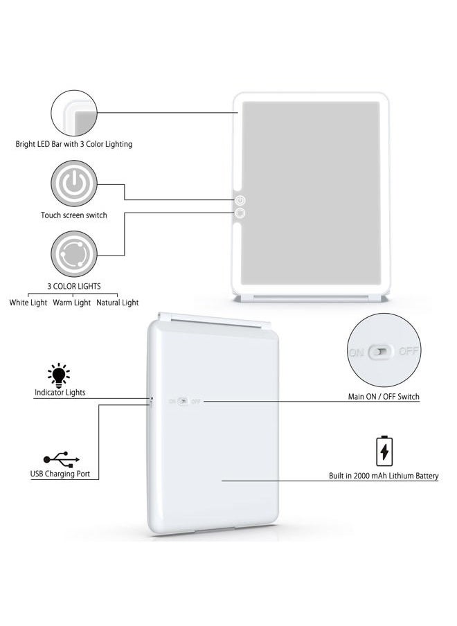 Portable Travel Mirror Makeup Mirror with 72 LED Lights, Touch Screen Three Colors Dimmable,Ultra Thin, 2000 mAh USB Rechargeable Foldable Cosmetic Mirror(White)
