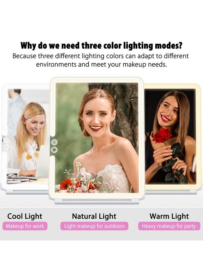 Portable Travel Mirror Makeup Mirror with 72 LED Lights, Touch Screen Three Colors Dimmable,Ultra Thin, 2000 mAh USB Rechargeable Foldable Cosmetic Mirror(White)