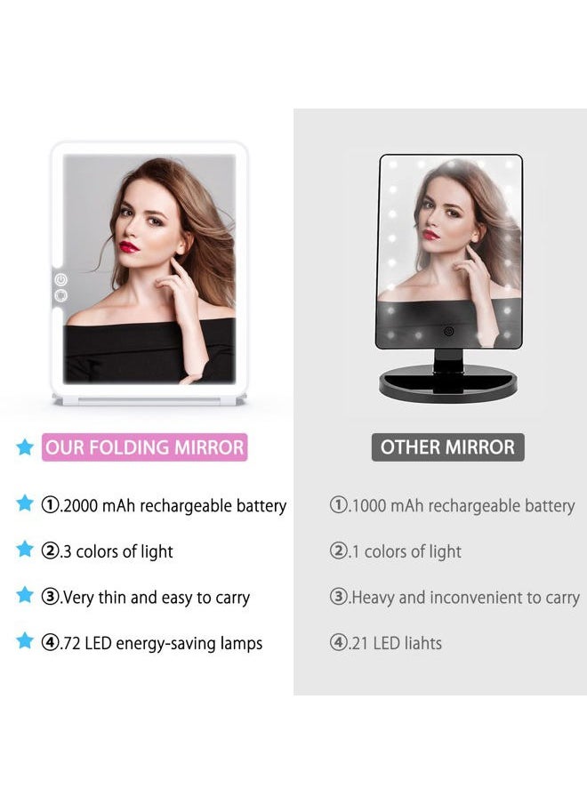 Portable Travel Mirror Makeup Mirror with 72 LED Lights, Touch Screen Three Colors Dimmable,Ultra Thin, 2000 mAh USB Rechargeable Foldable Cosmetic Mirror(White)