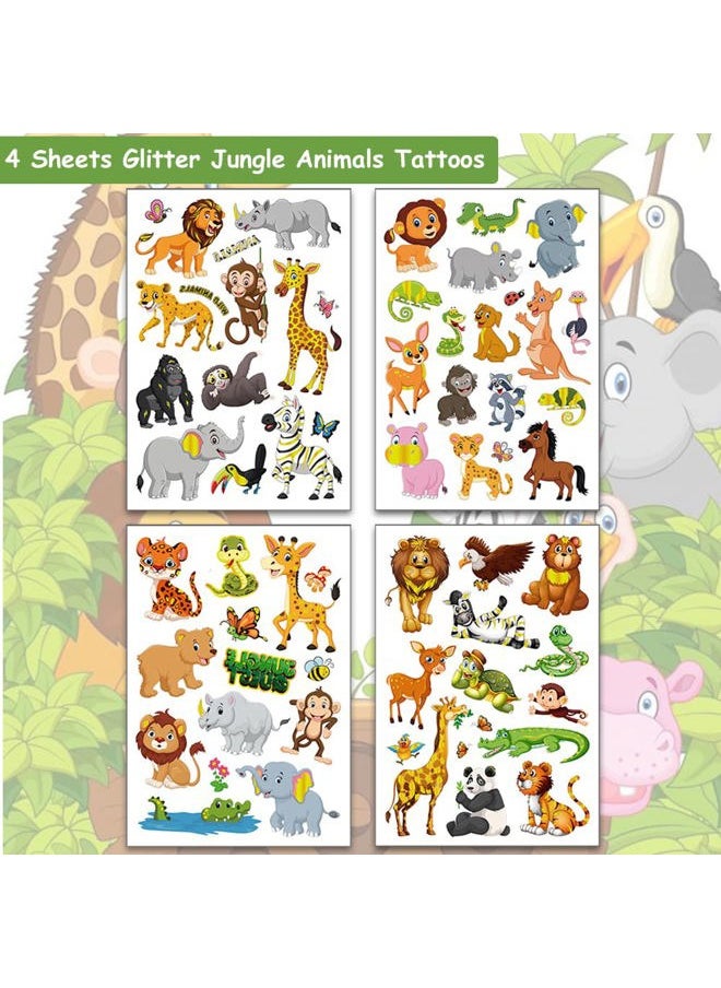 Glitter Animal Temporary Tattoos for Kids - 50 Styles Zoo Jungle Animal Fake Tattoos for Boys Girls Birthday Party Supplies, Baby Shower