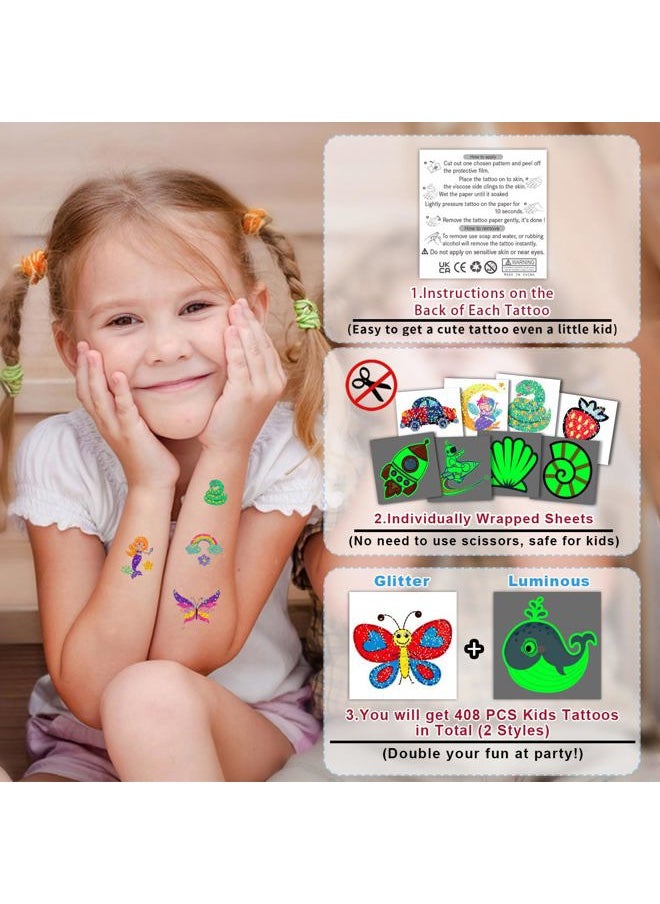 Partywind 408 PCS Temporary Tattoos for Kids, Glow and Glitter Fake Tattoo Stickers for Boys Girls Party Supplies Favors, Cute Goodie Bag Stuffers for Children (Individually Wrapped Sheet)