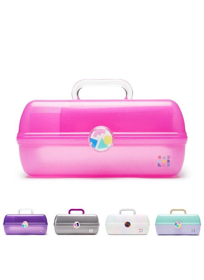 On-The-Go Girl Makeup Box, Hot Pink Sparkle, Hard Plastic Makeup Organizer Box, Built-In Mirror, Secure Latch for Safe Travel, Spacious Storage for Large Items
