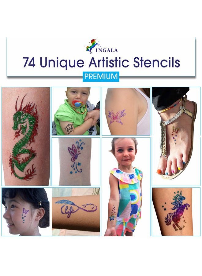 Premium Glitter Temporary Tattoo Kit for Boys and Girls, 74 Stencils, 16 Colors and 2X 0.5 fl.oz Body Glue for Body Glitter Fake Tattoos for Kids Makeup Tattoo Supplies Party Favors Party Supplies