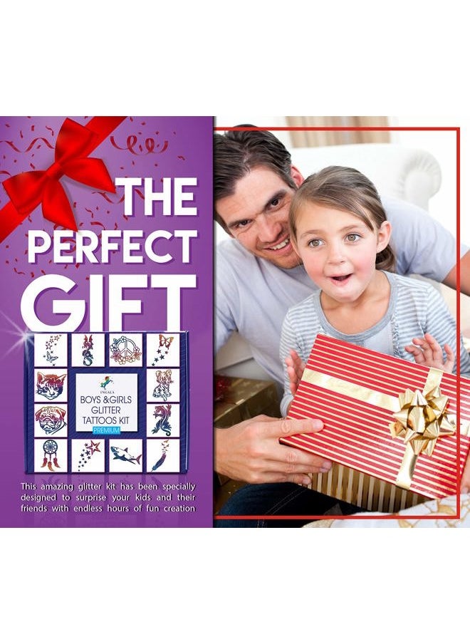 Premium Glitter Temporary Tattoo Kit for Boys and Girls, 74 Stencils, 16 Colors and 2X 0.5 fl.oz Body Glue for Body Glitter Fake Tattoos for Kids Makeup Tattoo Supplies Party Favors Party Supplies