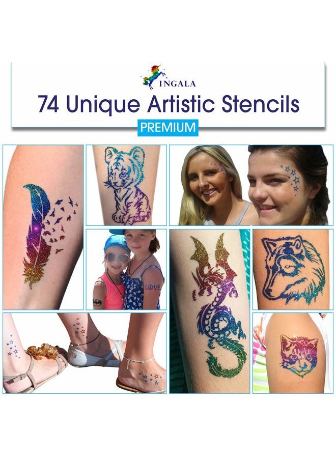 Premium Glitter Temporary Tattoo Kit for Boys and Girls, 74 Stencils, 16 Colors and 2X 0.5 fl.oz Body Glue for Body Glitter Fake Tattoos for Kids Makeup Tattoo Supplies Party Favors Party Supplies
