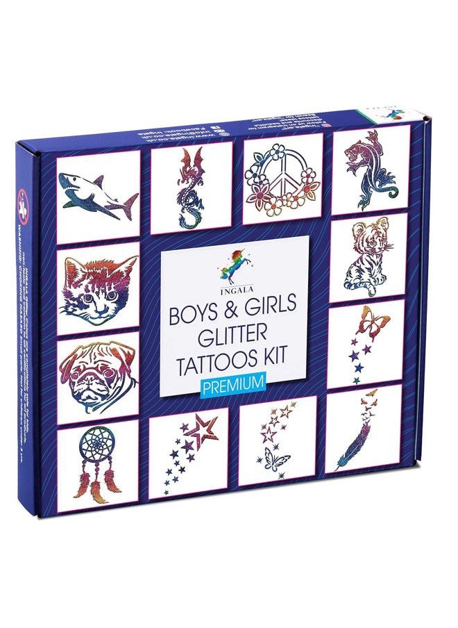 Premium Glitter Temporary Tattoo Kit for Boys and Girls, 74 Stencils, 16 Colors and 2X 0.5 fl.oz Body Glue for Body Glitter Fake Tattoos for Kids Makeup Tattoo Supplies Party Favors Party Supplies