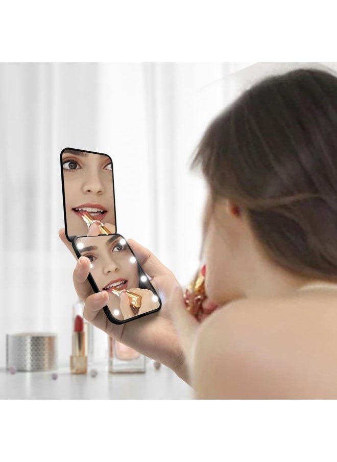 Compact Mirror, 1x/3x Magnifying LED Pocket Mirror, Small Lighted Travel Makeup Mirror for Purse, Handbag, Folding, Handheld, 2-Sided Mini Mirror with Lights for Women (Battery Black 1pack)