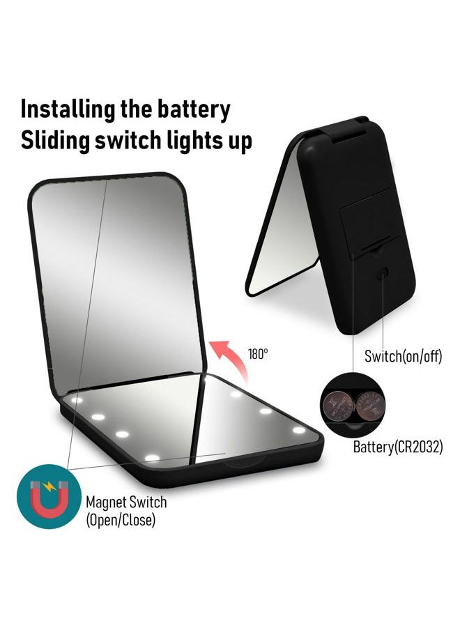 Compact Mirror, 1x/3x Magnifying LED Pocket Mirror, Small Lighted Travel Makeup Mirror for Purse, Handbag, Folding, Handheld, 2-Sided Mini Mirror with Lights for Women (Battery Black 1pack)