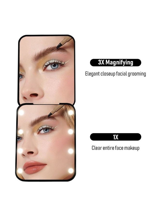 Compact Mirror, 1x/3x Magnifying LED Pocket Mirror, Small Lighted Travel Makeup Mirror for Purse, Handbag, Folding, Handheld, 2-Sided Mini Mirror with Lights for Women (Battery Black 1pack)