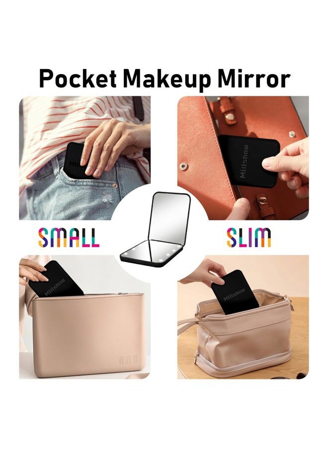 Compact Mirror, 1x/3x Magnifying LED Pocket Mirror, Small Lighted Travel Makeup Mirror for Purse, Handbag, Folding, Handheld, 2-Sided Mini Mirror with Lights for Women (Battery Black 1pack)