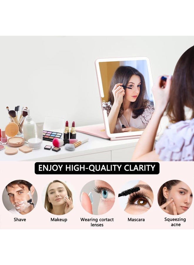 Makeup Mirror with Lights, 2000 mAh USB Rechargeable Lighted Makeup Mirror, Touch Screen 3 Colors Adjustable 72 LED Lights Compact Travel Mirror, Gift for Girls Women (Pink)