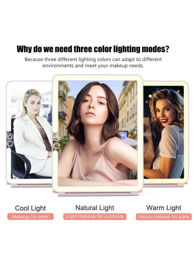 Makeup Mirror with Lights, 2000 mAh USB Rechargeable Lighted Makeup Mirror, Touch Screen 3 Colors Adjustable 72 LED Lights Compact Travel Mirror, Gift for Girls Women (Pink)
