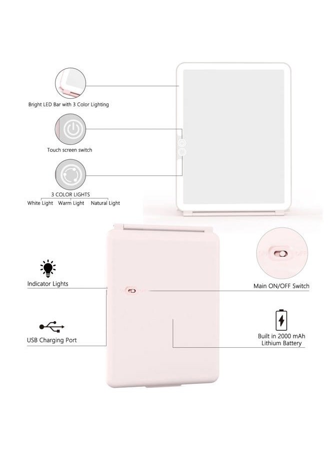 Makeup Mirror with Lights, 2000 mAh USB Rechargeable Lighted Makeup Mirror, Touch Screen 3 Colors Adjustable 72 LED Lights Compact Travel Mirror, Gift for Girls Women (Pink)
