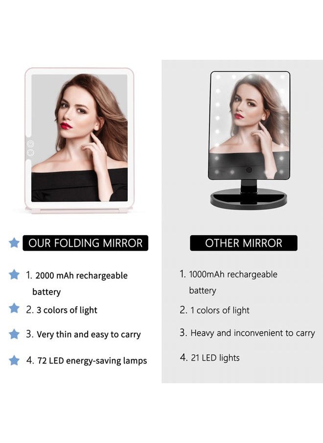 Makeup Mirror with Lights, 2000 mAh USB Rechargeable Lighted Makeup Mirror, Touch Screen 3 Colors Adjustable 72 LED Lights Compact Travel Mirror, Gift for Girls Women (Pink)