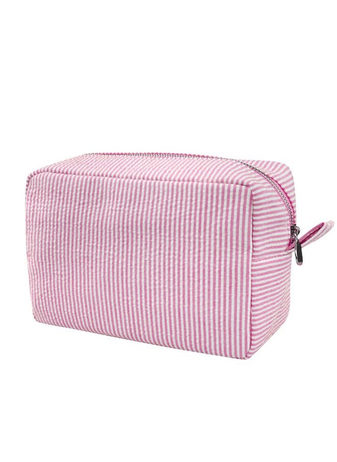 Cosmetic Bag for Women, Large Makeup Bag, Travel Toiletry Stripe Cosmetic Bag, Seersucker Women Aesthetic Organizer Storage Pouch, Girls Handbags Purses (Pink)