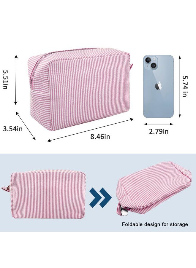 Cosmetic Bag for Women, Large Makeup Bag, Travel Toiletry Stripe Cosmetic Bag, Seersucker Women Aesthetic Organizer Storage Pouch, Girls Handbags Purses (Pink)