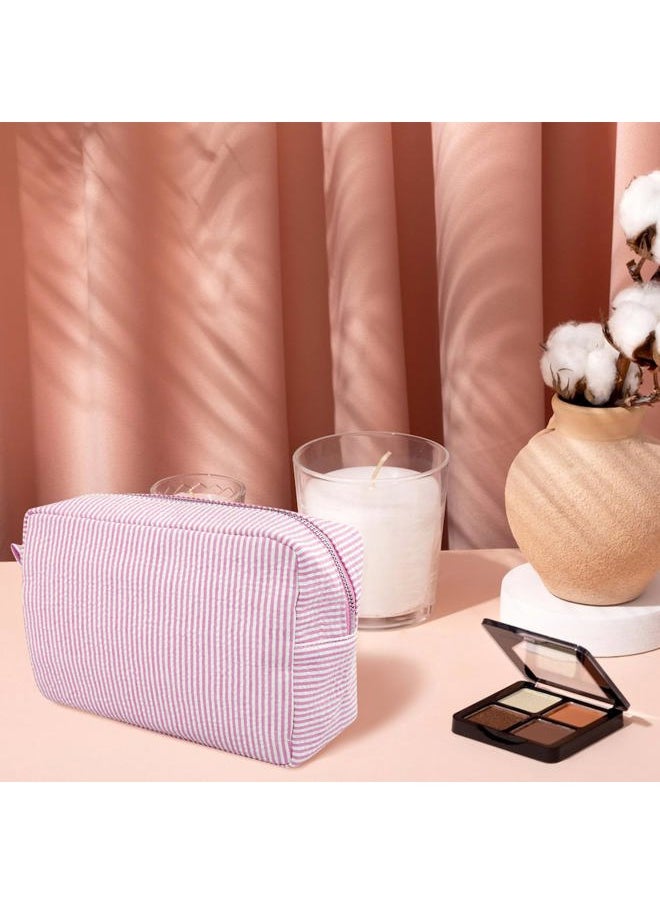 Cosmetic Bag for Women, Large Makeup Bag, Travel Toiletry Stripe Cosmetic Bag, Seersucker Women Aesthetic Organizer Storage Pouch, Girls Handbags Purses (Pink)