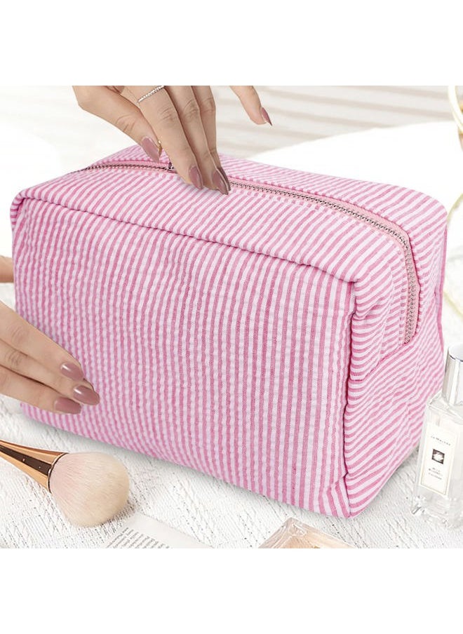 Cosmetic Bag for Women, Large Makeup Bag, Travel Toiletry Stripe Cosmetic Bag, Seersucker Women Aesthetic Organizer Storage Pouch, Girls Handbags Purses (Pink)