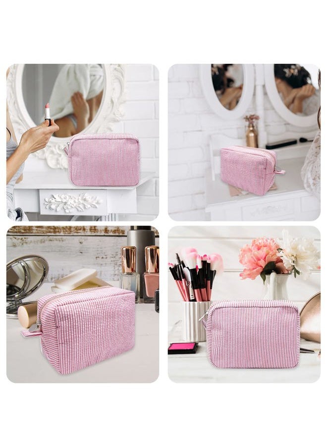 Cosmetic Bag for Women, Large Makeup Bag, Travel Toiletry Stripe Cosmetic Bag, Seersucker Women Aesthetic Organizer Storage Pouch, Girls Handbags Purses (Pink)