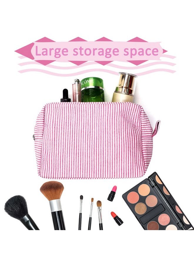 Cosmetic Bag for Women, Large Makeup Bag, Travel Toiletry Stripe Cosmetic Bag, Seersucker Women Aesthetic Organizer Storage Pouch, Girls Handbags Purses (Pink)