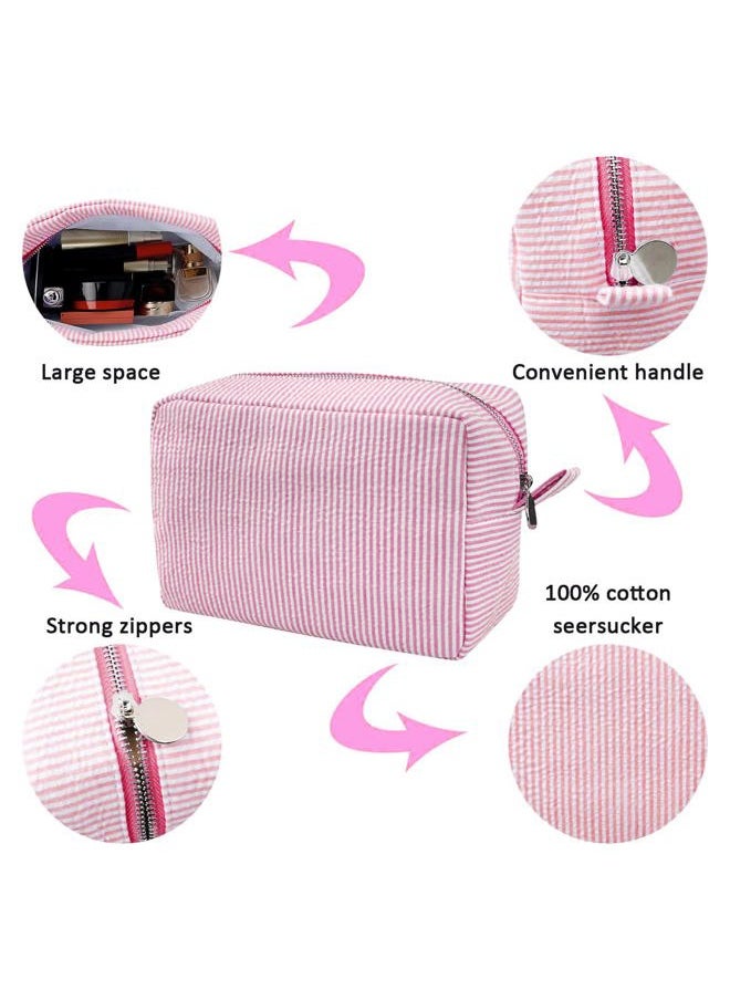 Cosmetic Bag for Women, Large Makeup Bag, Travel Toiletry Stripe Cosmetic Bag, Seersucker Women Aesthetic Organizer Storage Pouch, Girls Handbags Purses (Pink)
