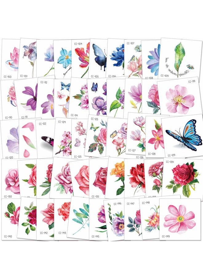 50Sheet Flower Temporary Tattoos for Women Teens Girls, Tiny Temporary Tattoo Adult Waterproof Body Art Sticker Hand Neck Wrist, include Flower Butterfly Leaf Lotus Cherry Blossoms Tattoo