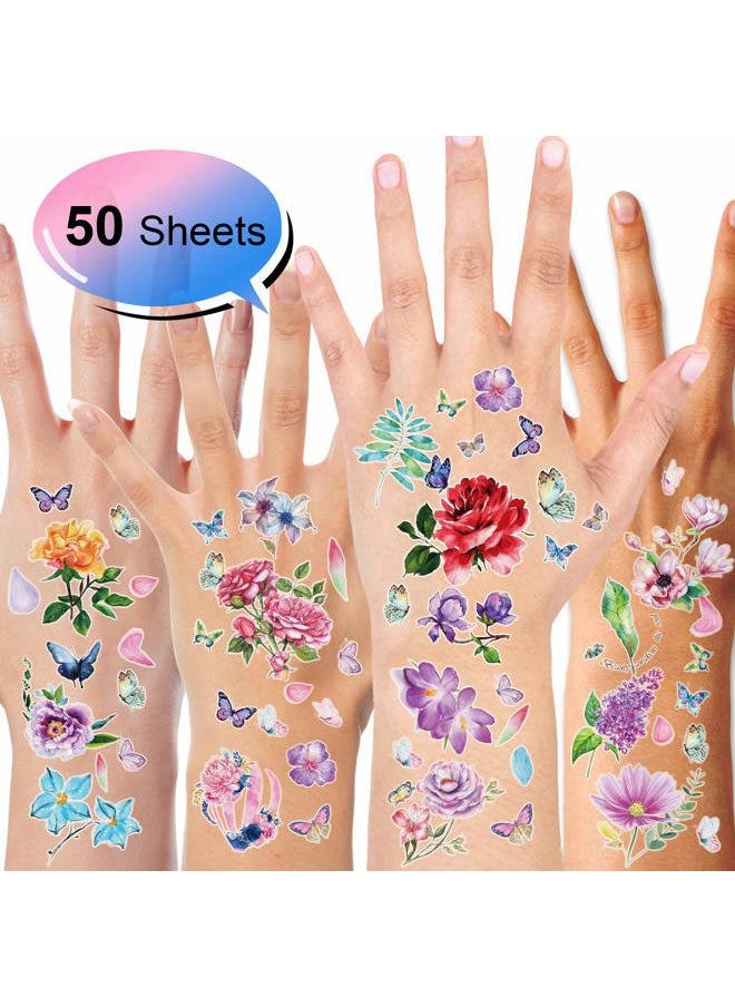 50Sheet Flower Temporary Tattoos for Women Teens Girls, Tiny Temporary Tattoo Adult Waterproof Body Art Sticker Hand Neck Wrist, include Flower Butterfly Leaf Lotus Cherry Blossoms Tattoo