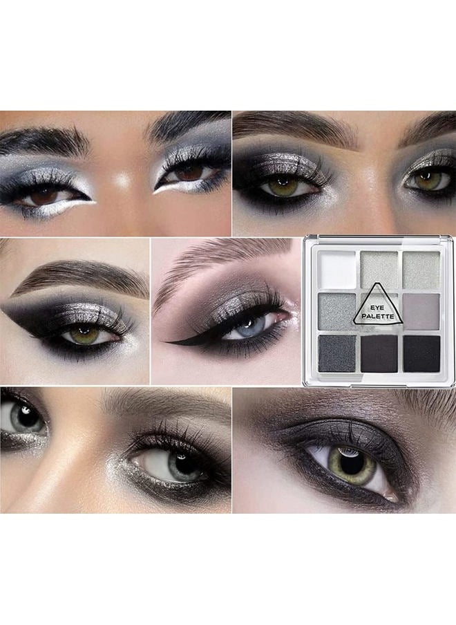 Black Grey Smokey Eyeshadow Palette 9 Colors Cool Toned Matte Glitter Eyeshadow Palette Longlasting Waterproof Smoky Eye Shadow for Girls and Women (Set 1, Black Grey)