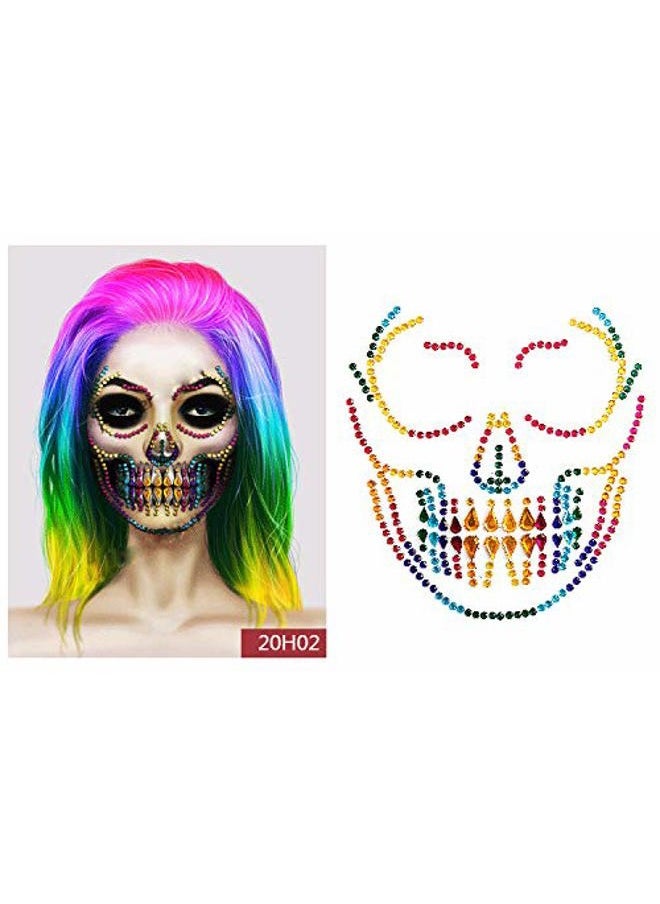 Cosplay Face Tattoos, Day of the Death Skull Temporary Face Gems Jewels Tattoos, Rhinestone Ghost Bride Jade Face Jewels Tattoo Stickers