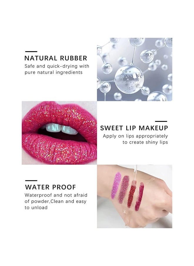 Glitter Lip Kit 4 Colors Diamond Metallic Shimmer Lip Powder with Primer and Brush for Lips Nails Art (Pink Red)