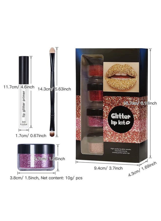 Glitter Lip Kit 4 Colors Diamond Metallic Shimmer Lip Powder with Primer and Brush for Lips Nails Art (Pink Red)
