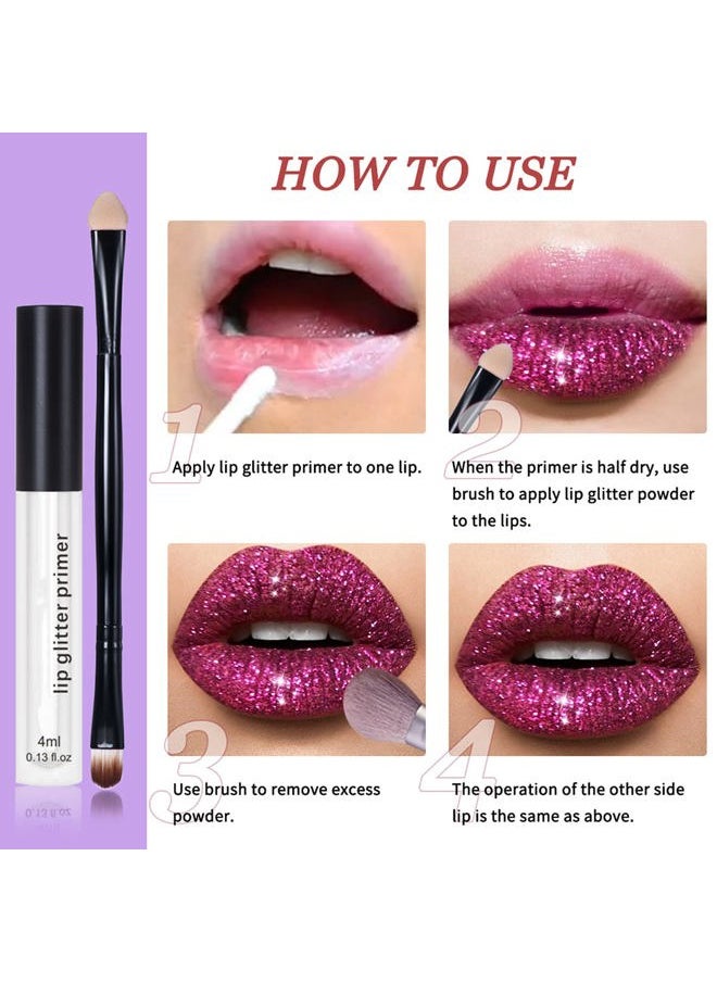Glitter Lip Kit 4 Colors Diamond Metallic Shimmer Lip Powder with Primer and Brush for Lips Nails Art (Pink Red)