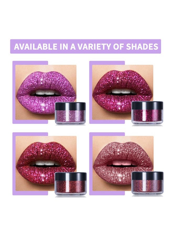 Glitter Lip Kit 4 Colors Diamond Metallic Shimmer Lip Powder with Primer and Brush for Lips Nails Art (Pink Red)