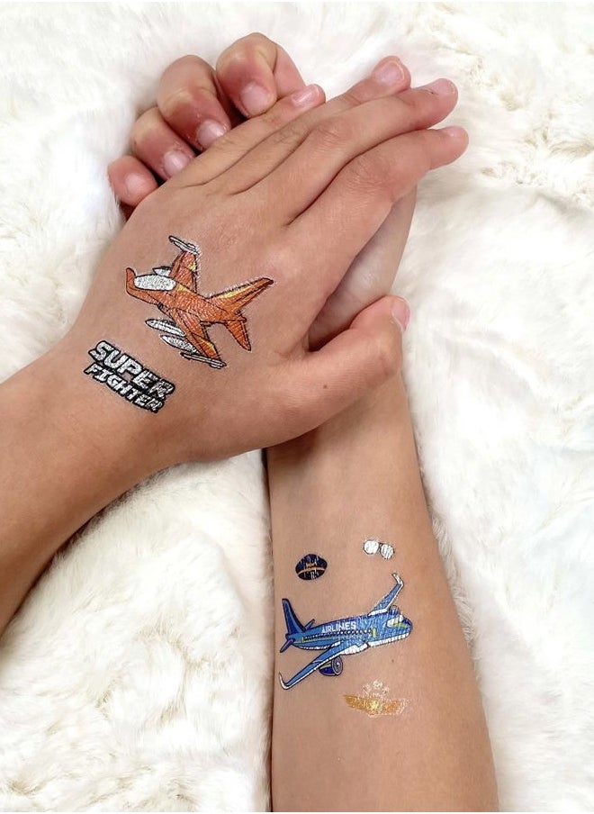 Vehicles & Airplanes 36 Temporary Fake Tattoo Set, 18 Individually Wrapped Sheets | Kids Girls & Boys Birthday Party Favor Gift Supply, Non-Toxic Safe Removable