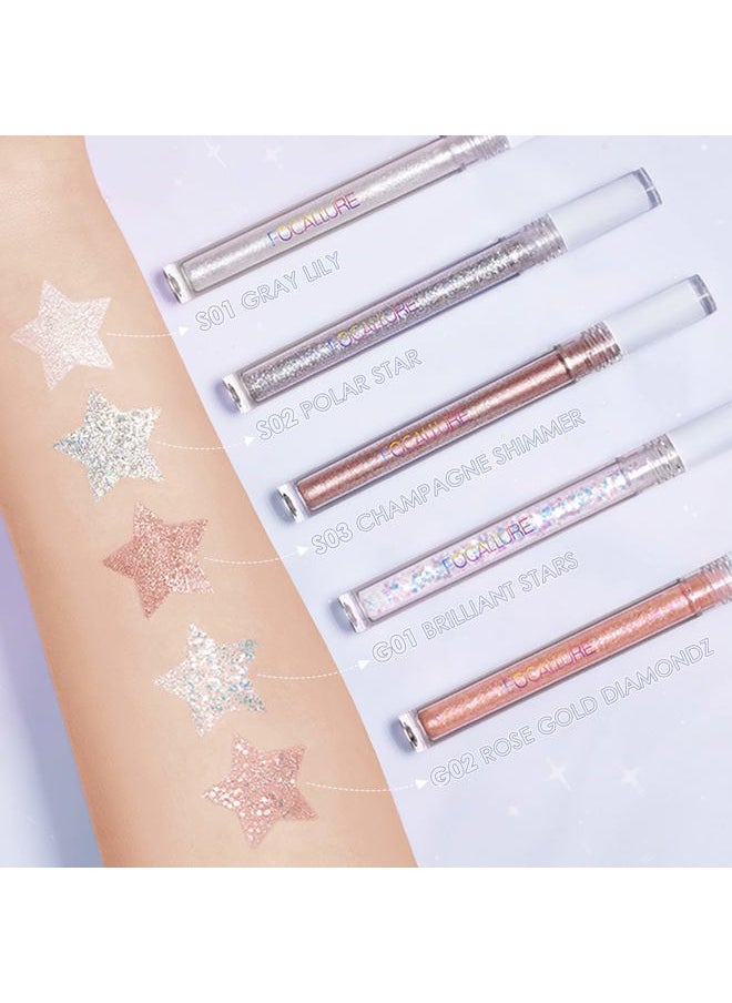 Glittering Liquid Eyeshadow, Quick-Drying, Crease Resistant, Creates High-Impact Shimmer Diamond Glow Eye Looks, Precise Applicator, 05 Champagne Shimmer