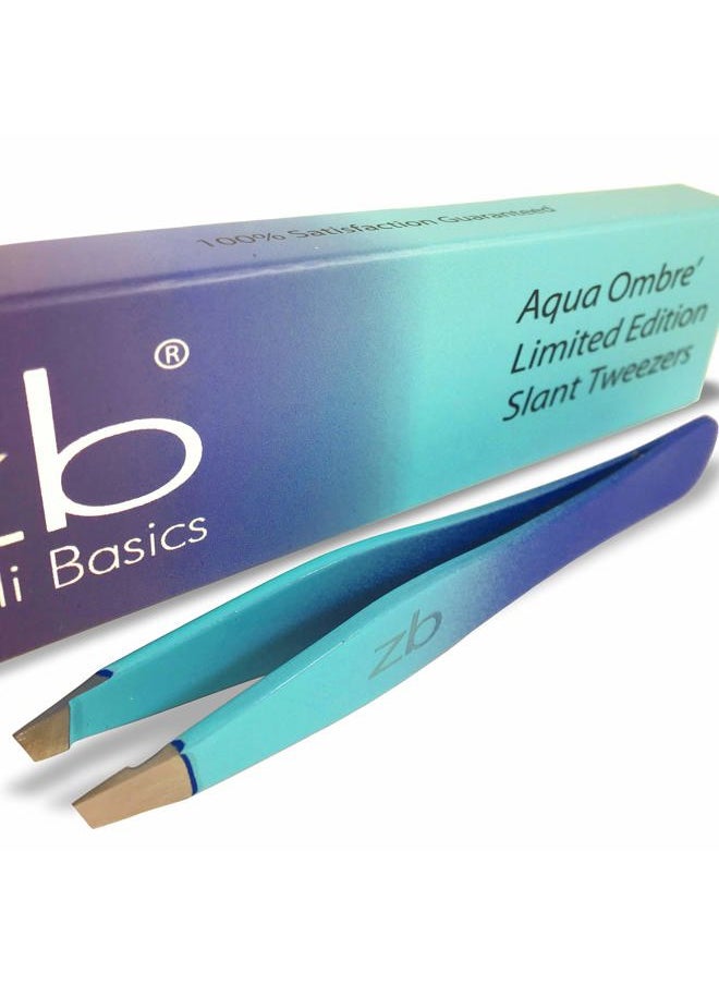 Tweezers - Limited Edition Aqua Ombré Slant Tweezer - Best Tweezers for Eyebrow, Hair Removal and Your Precision Needs