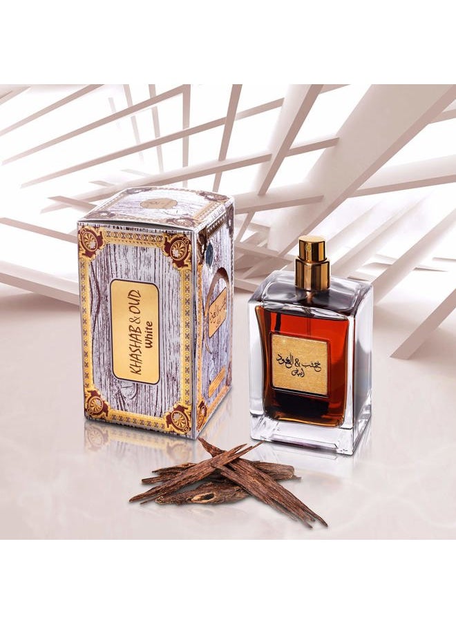 Khashab & Oud Unisex Eau de Parfum – 100ml, Amber & Cedarwood Fragrance for Men and Women, Luxury (White)
