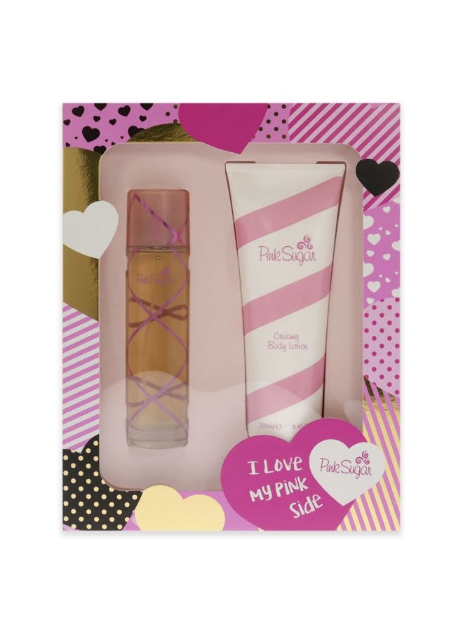 Pink Sugar for Women 2 Pc Gift Set 3.4 Oz Eau De Toilette Spray, 8.45 Oz Creamy Body Lotion, Fresh scent