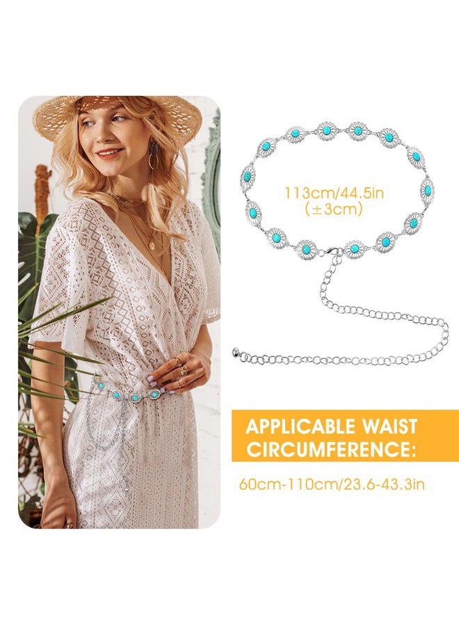 Concho Chain Waist Belts for Women, Turquoise Western Metal Belt Adjustable Cowgirl Belt with Buckle for Jeans Dresses(Silver)