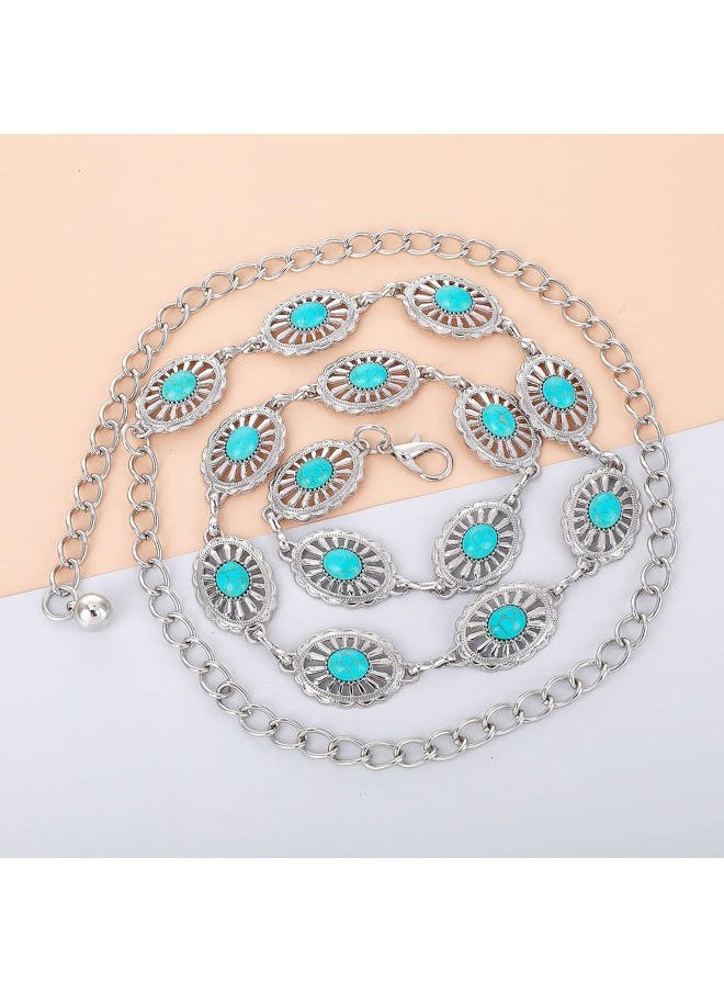 Concho Chain Waist Belts for Women, Turquoise Western Metal Belt Adjustable Cowgirl Belt with Buckle for Jeans Dresses(Silver)