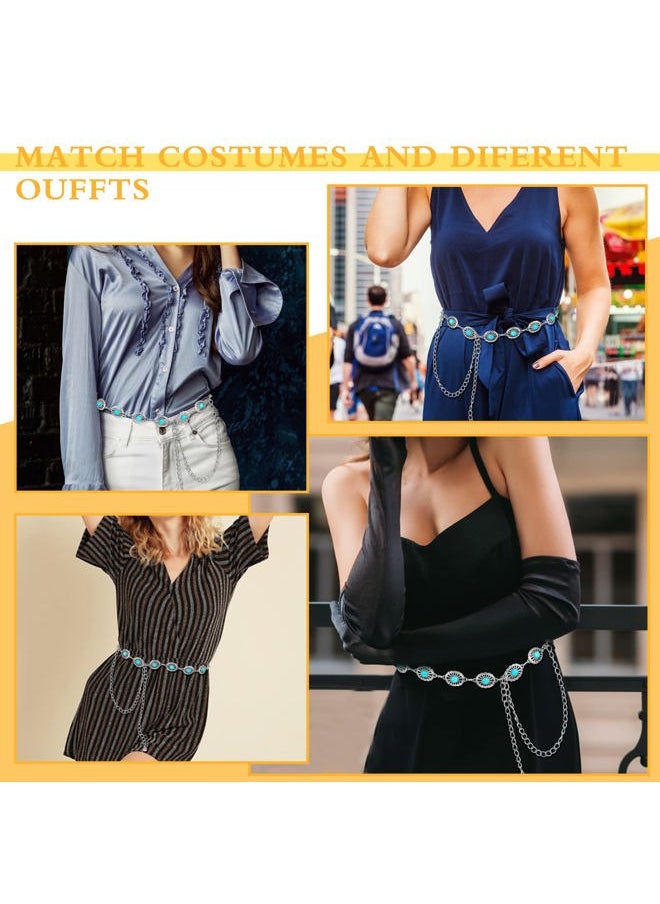 Concho Chain Waist Belts for Women, Turquoise Western Metal Belt Adjustable Cowgirl Belt with Buckle for Jeans Dresses(Silver)