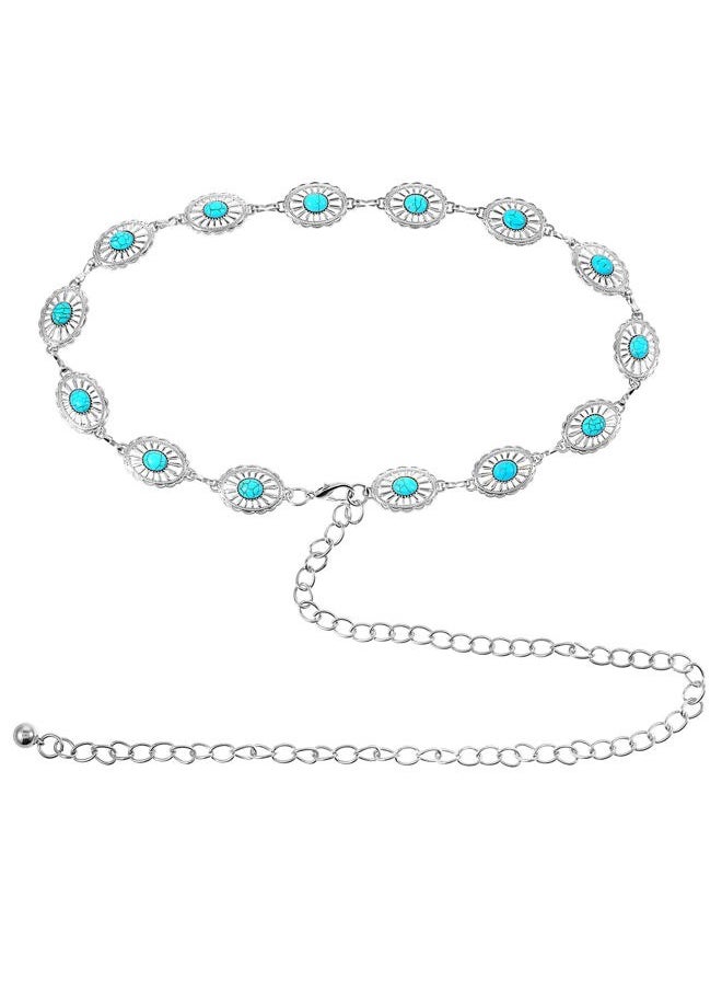 Concho Chain Waist Belts for Women, Turquoise Western Metal Belt Adjustable Cowgirl Belt with Buckle for Jeans Dresses(Silver)