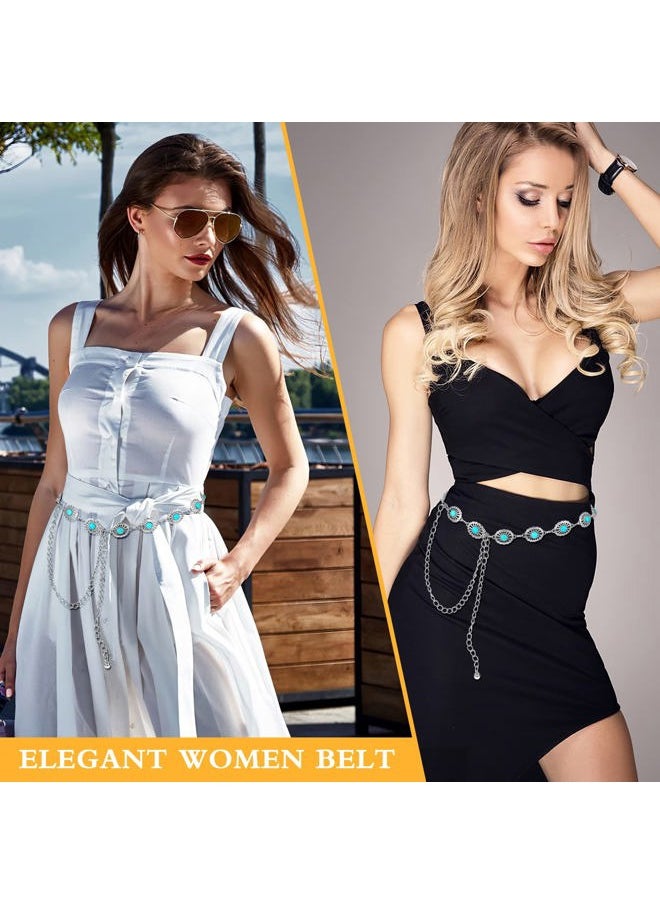 Concho Chain Waist Belts for Women, Turquoise Western Metal Belt Adjustable Cowgirl Belt with Buckle for Jeans Dresses(Silver)