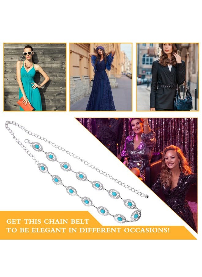 Concho Chain Waist Belts for Women, Turquoise Western Metal Belt Adjustable Cowgirl Belt with Buckle for Jeans Dresses(Silver)