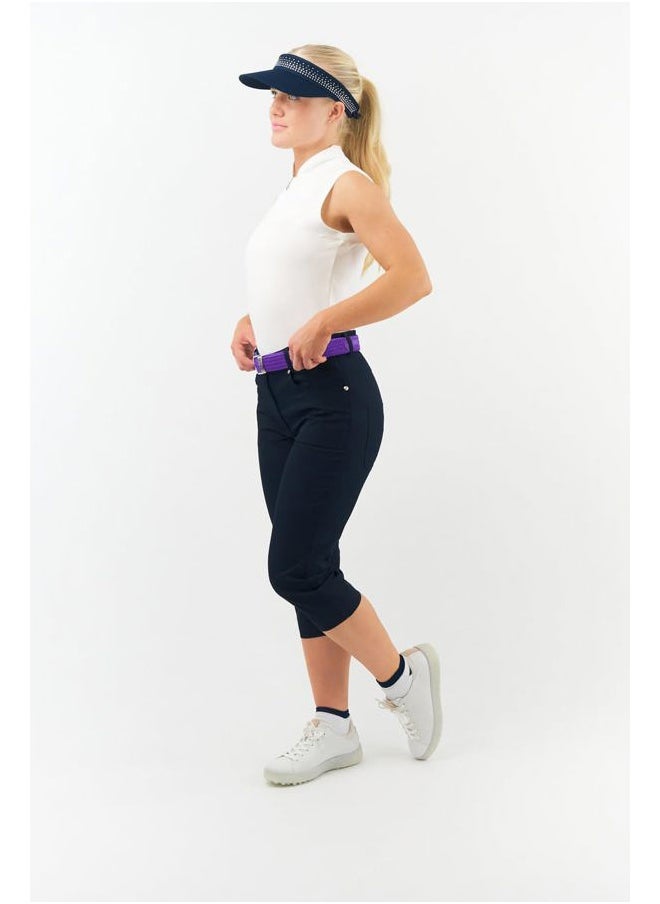 Super Stretch Woven Webbing Belt | Hand Enamelled Lady Golfer Detailing On Buckle | Womens Golf Belt | ONE SIZE FITS MOST UK 8-16 | Reinforced PU Tip, Purple