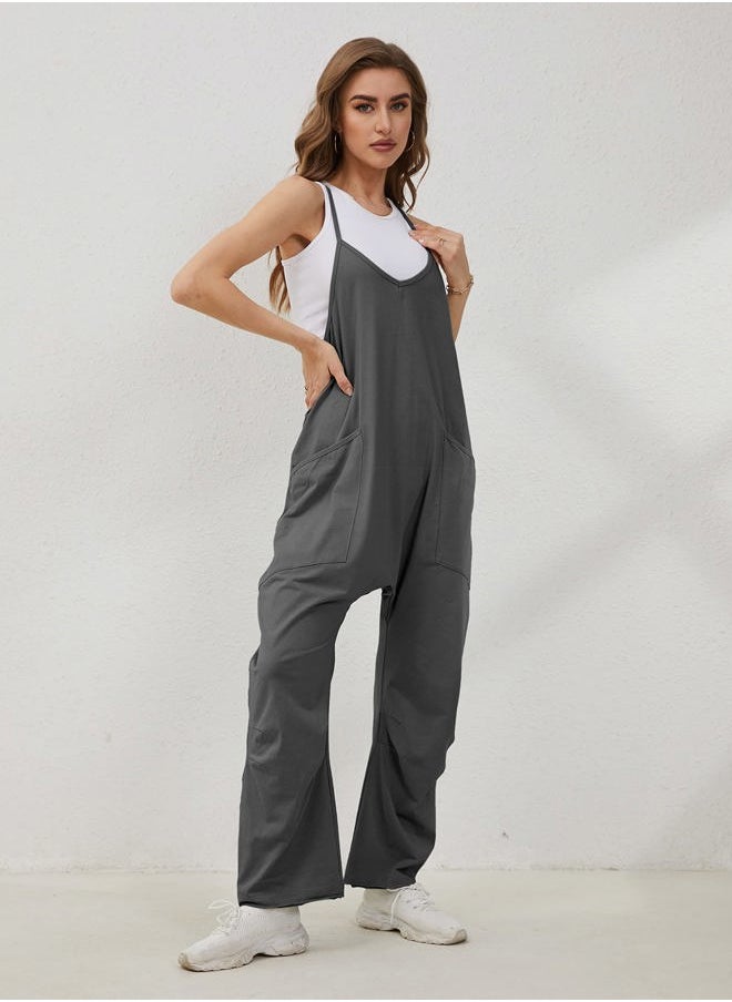 Women's Causal Jumpsuits V Neck Sleeveless Harem Overalls Stretchy Adjustable Strap Romper with Pockets(DarkGrey-XXL)